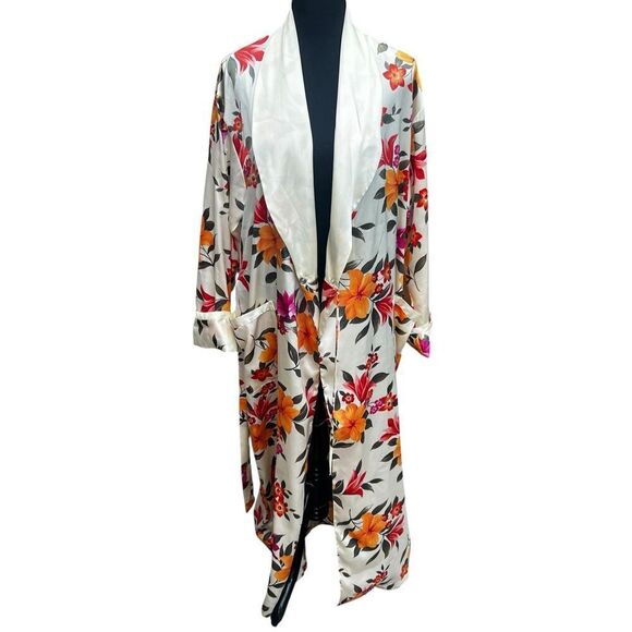 Victoria's Secret vintage Orange Pink Hibiscus Satin Maxi Robe Long Sleeve XS/S - Picture 6 of 7